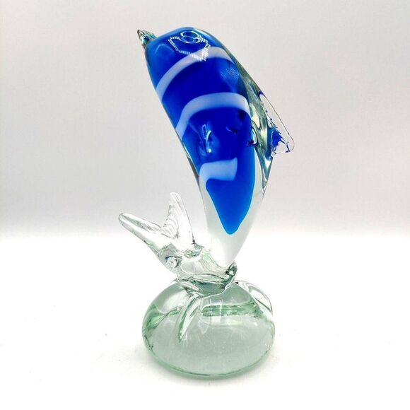 Vintage Striped Glass Dolphin Hand Blown Blue White Art Glass Sculpture 7" Rare - Picture 2 of 13